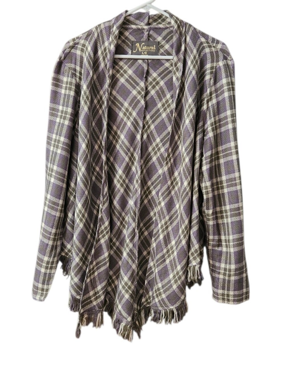 Natural Reflections Plaid Fringe Open Front Cardigan Women's Large Purple Green